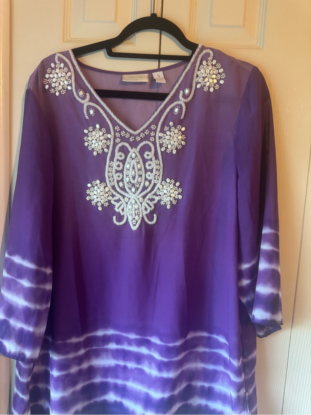 Chico's Purple Beaded V-Neck Tie-Dye Blouse